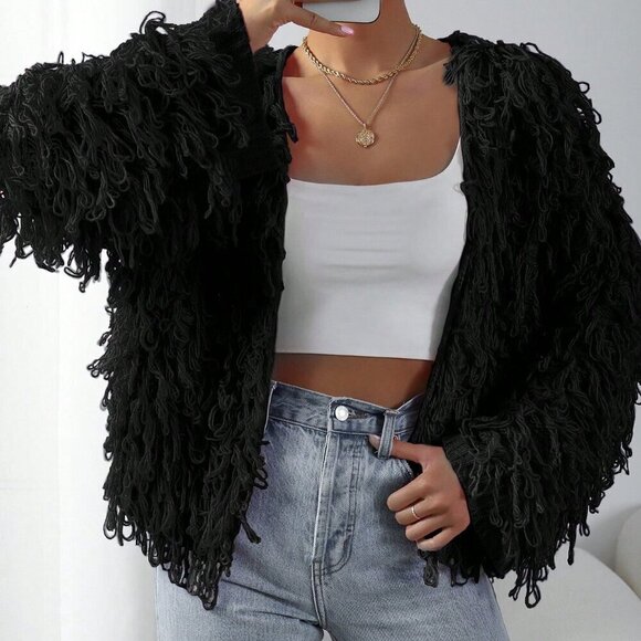 Black Casual Women's Solid Color Coil Knitted Cardigan - Picture 6 of 7